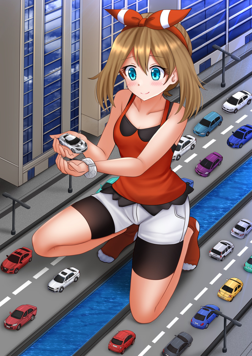 1girl bangs bare_arms bare_shoulders bike_shorts bike_shorts_under_shorts black_shorts blue_eyes blush brown_hair building camisole car closed_mouth commentary commission english_commentary eyebrows_visible_through_hair full_body giant giantess ground_vehicle hair_between_eyes hair_ribbon hairband highres holding kazenokaze lamppost lotus_(brand) lotus_evora may_(pokemon) motor_vehicle no_shoes one_knee pokemon pokemon_(game) pokemon_oras red_camisole red_hairband red_legwear red_ribbon ribbon road short_shorts shorts sidelocks smile socks solo vehicle_request water white_shorts window