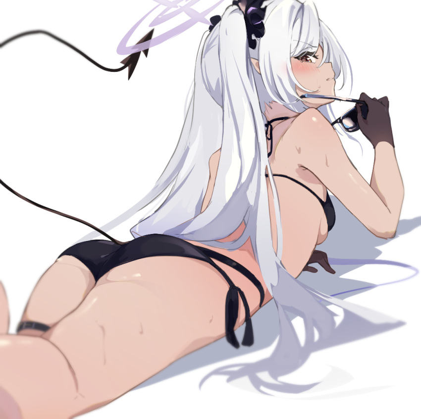 1girl bikini black_bikini black_gloves blue_archive demon_tail eyewear_on_head gloves hair_over_one_eye halo halterneck iori_(blue_archive) lying on_stomach pointy_ears side-tie_bikini string_bikini sunglasses suwakana swimsuit tail thigh_strap