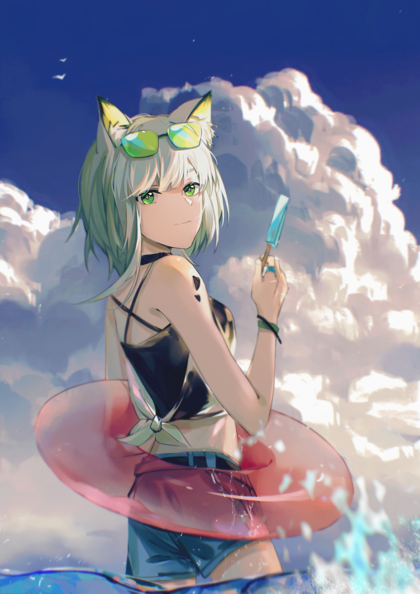 1girl absurdres animal_ear_fluff animal_ears arknights bangs bird black_shirt blue_shorts blue_sky bracelet cat_ears chinese_commentary closed_mouth cloud commentary_request cowboy_shot criss-cross_back-straps eyewear_on_head food gesiyu green-tinted_eyewear green_eyes green_hair hand_up highres holding holding_food innertube jewelry kal'tsit_(arknights) light_smile looking_at_viewer looking_to_the_side medium_hair ocean oripathy_lesion_(arknights) popsicle ring shirt shorts sky sleeveless sleeveless_shirt solo tinted_eyewear wading water