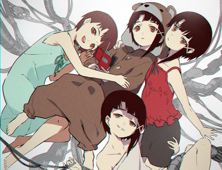 4girls animal_costume asymmetrical_hair bear_costume blouse brown_eyes brown_hair cable commentary dress gabu_(az210309) girl_sandwich grin hair_ornament hairclip highres iwakura_lain looking_at_viewer multiple_girls multiple_persona off_shoulder open_mouth parted_lips pda sandwiched serial_experiments_lain short_hair single_sidelock skirt sleeveless sleeveless_dress smile white_dress x_hair_ornament