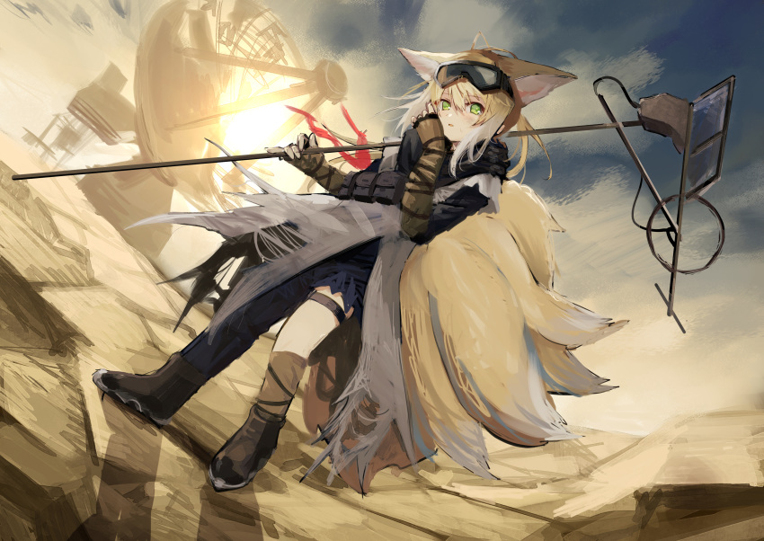 1girl absurdres animal_ears arknights asymmetrical_legwear backlighting belt_pouch black_footwear black_shirt blonde_hair blue_pants boots building cloud commentary desert dust_cloud dutch_angle fox_ears fox_girl fox_tail full_body goggles goggles_on_head gradient_hair green_eyes grey_cloak hands_up highres holding holding_staff kyuubi large_tail looking_at_viewer matsuzaka_(matsuzakagyu_29) multicolored_hair multiple_tails official_alternate_costume outdoors pants parted_lips pouch red_ribbon ribbon rock satellite_dish shadow shirt solo staff standing suzuran_(arknights) suzuran_(lostlands_flowering)_(arknights) tail thigh_strap white_hair