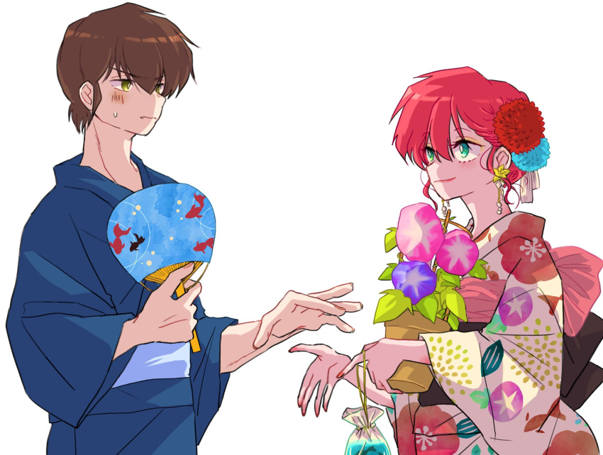 1boy 1girl brown_hair earrings eyeshadow fang flower green_eyes hair_flower hair_ornament hair_ribbon hand_fan hibiki_ryouga highres holding holding_fan japanese_clothes jewelry kimono lipstick makeup nail_polish paper_fan plant ranma-chan ranma_1/2 red_hair ribbon simple_background smg1228 tagme white_background