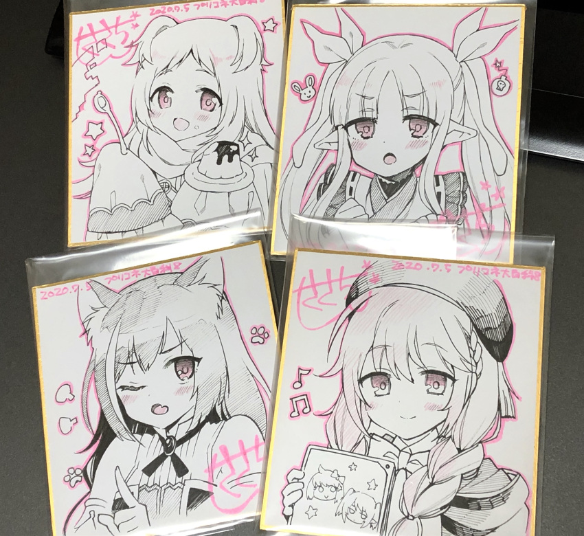 4girls :d absurdres animal_ear_fluff animal_ears bare_shoulders beamed_eighth_notes blush braid breasts cat_ears chieru_(princess_connect!) chloe_(princess_connect!) closed_mouth eighth_note eyebrows_visible_through_hair fang food food_on_face hair_ribbon hand_up highres holding holding_plate holding_spoon hood hood_down index_finger_raised japanese_clothes karyl_(princess_connect!) kimono kyouka_(princess_connect!) long_hair miyako_(princess_connect!) multicolored_hair multiple_girls musical_note one_eye_closed open_mouth photo_(medium) plate pointy_ears princess_connect! pudding ribbon sasachin_(k+w) scarf shikishi shirt signature sleeveless sleeveless_shirt sleeves_past_fingers sleeves_past_wrists small_breasts smile sparkle spoon star_(symbol) streaked_hair traditional_media twintails two_side_up yuni_(princess_connect!)