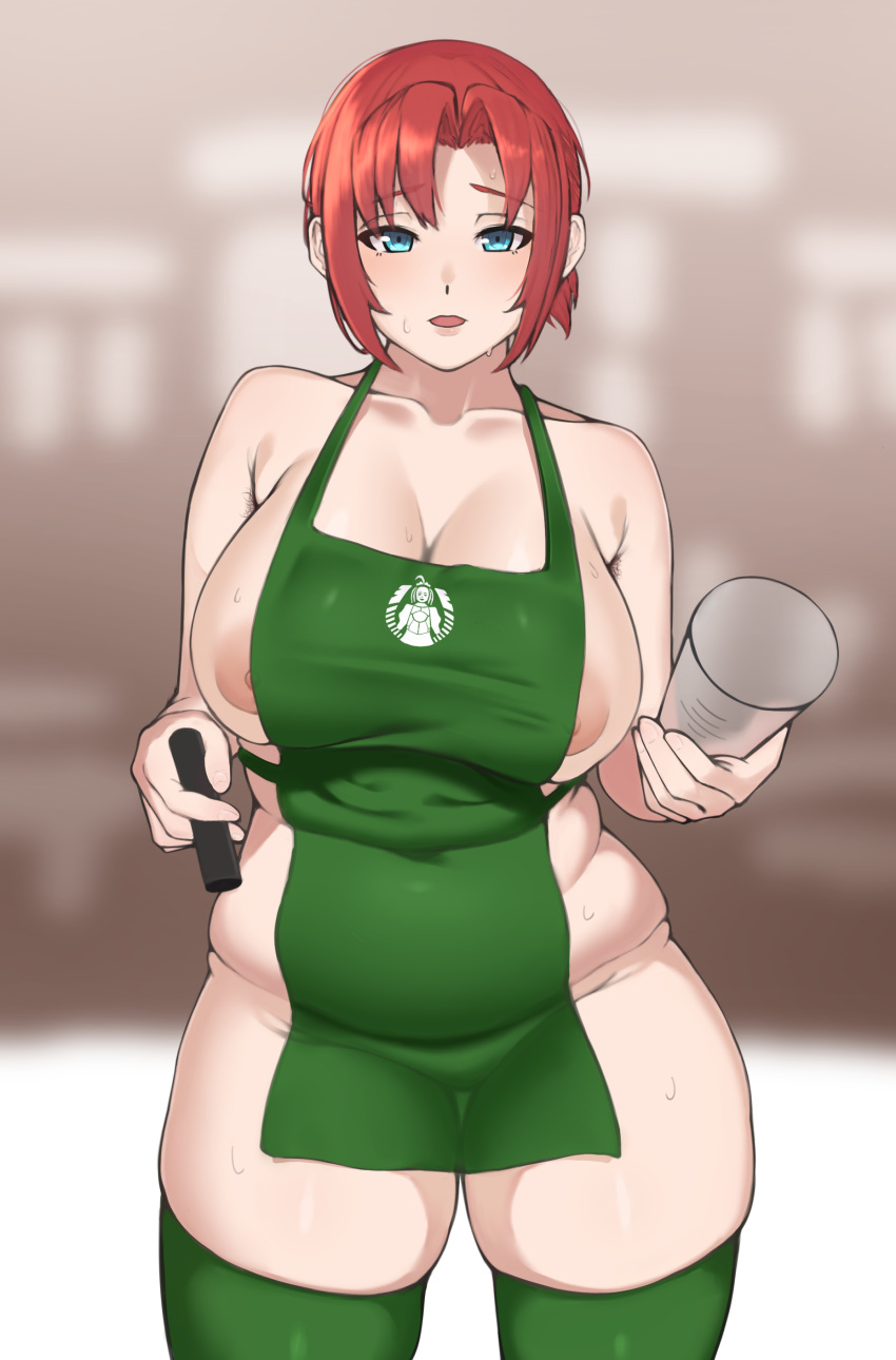 1girl absurdres alternate_costume apron aqua_eyes areolae barista boudica_(fate) breasts cup disposable_cup fate/grand_order fate_(series) green_apron highres holding holding_cup holding_marker huge_breasts iced_latte_with_breast_milk_(meme) marker meme naked_apron nohohon_pictures red_hair short_ponytail solo starbucks thighhighs