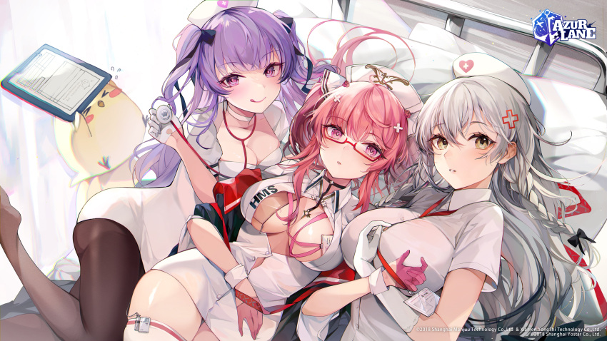 ajax_(azur_lane) animal anthropomorphism azur_lane bed bird braids breast_hold glasses gloves gray_hair hermione_(azur_lane) logo long_hair manjuu_(azur_lane) mishasimarina0130 no_bra nurse open_shirt pantyhose perseus_(azur_lane) pink_hair purple_eyes see_through thighhighs