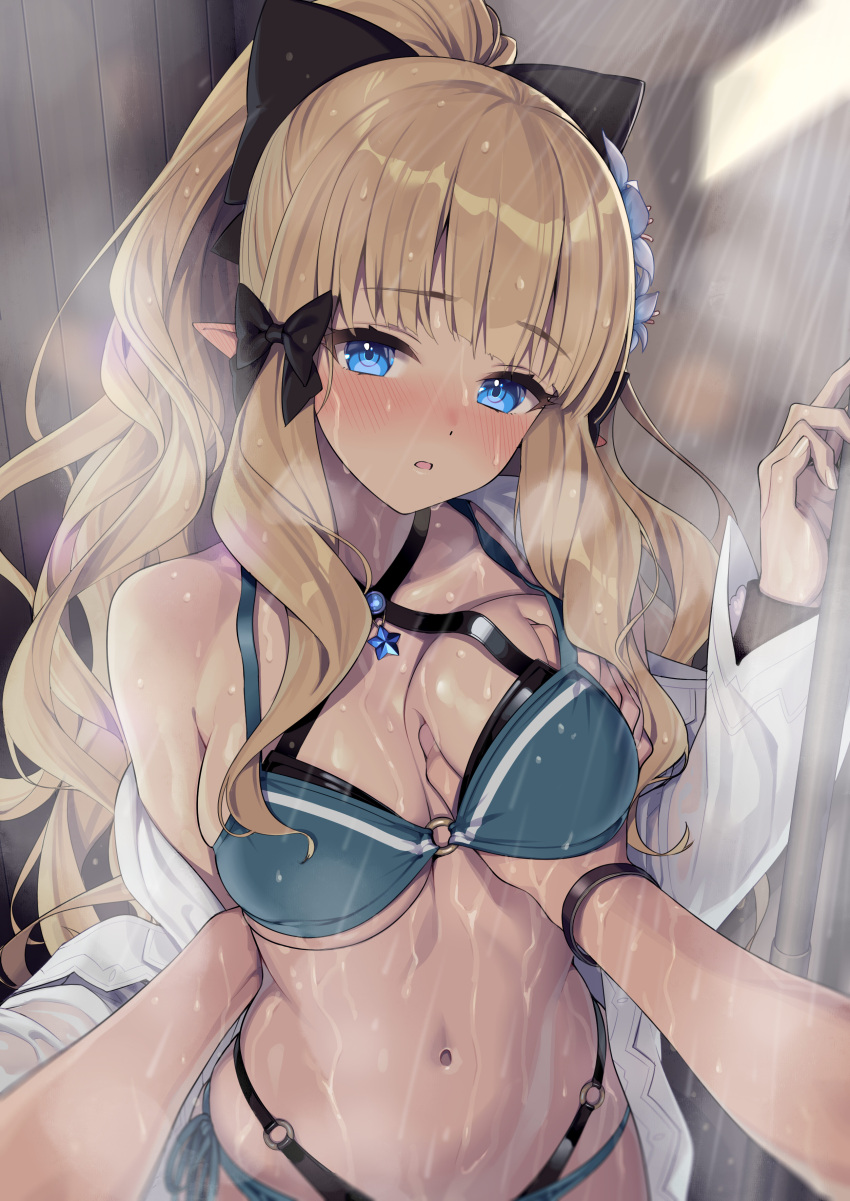 bikini breast_grab lunch open_shirt pointy_ears princess_connect princess_connect!_re:dive sasaki_saren see_through swimsuits wet wet_clothes