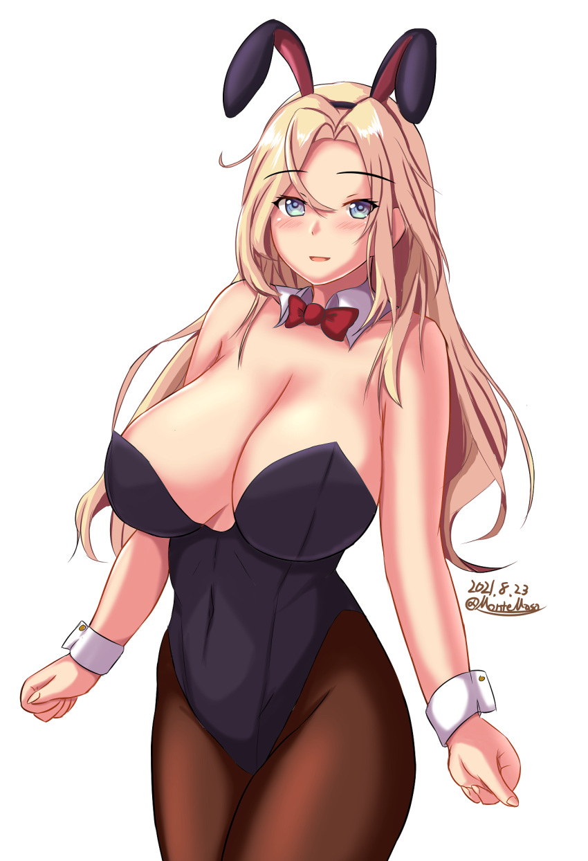 1girl animal_ears bare_shoulders black_legwear blonde_hair blue_eyes bow bowtie breasts cleavage commentary_request cowboy_shot dated detached_collar highres hornet_(kancolle) kantai_collection large_breasts leotard long_hair looking_at_viewer montemasa one-hour_drawing_challenge pantyhose playboy_bunny rabbit_ears simple_background solo twitter_username white_background wrist_cuffs