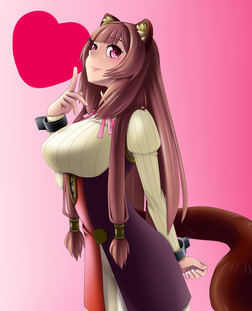 1girl absurdres animal_ear_fluff animal_ears arm_behind_back black_dress blunt_bangs blush breasts brown_hair collared_dress commentary_request dress from_side gradient_background hair_tubes hand_up heart high_collar highres large_breasts layered_dress long_hair long_sidelocks long_sleeves looking_at_viewer looking_to_the_side metal_hair_tubes metal_wrist_cuffs neck_ribbon pink_background pink_eyes pink_ribbon pinstripe_dress pinstripe_pattern raccoon_ears raccoon_girl raccoon_tail raphtalia red_dress ribbon short_dress sidelocks sleeveless sleeveless_dress solo standing straight_hair tail tanuki tate_no_yuusha_no_nariagari two-tone_dress variant_set white_dress yantaka