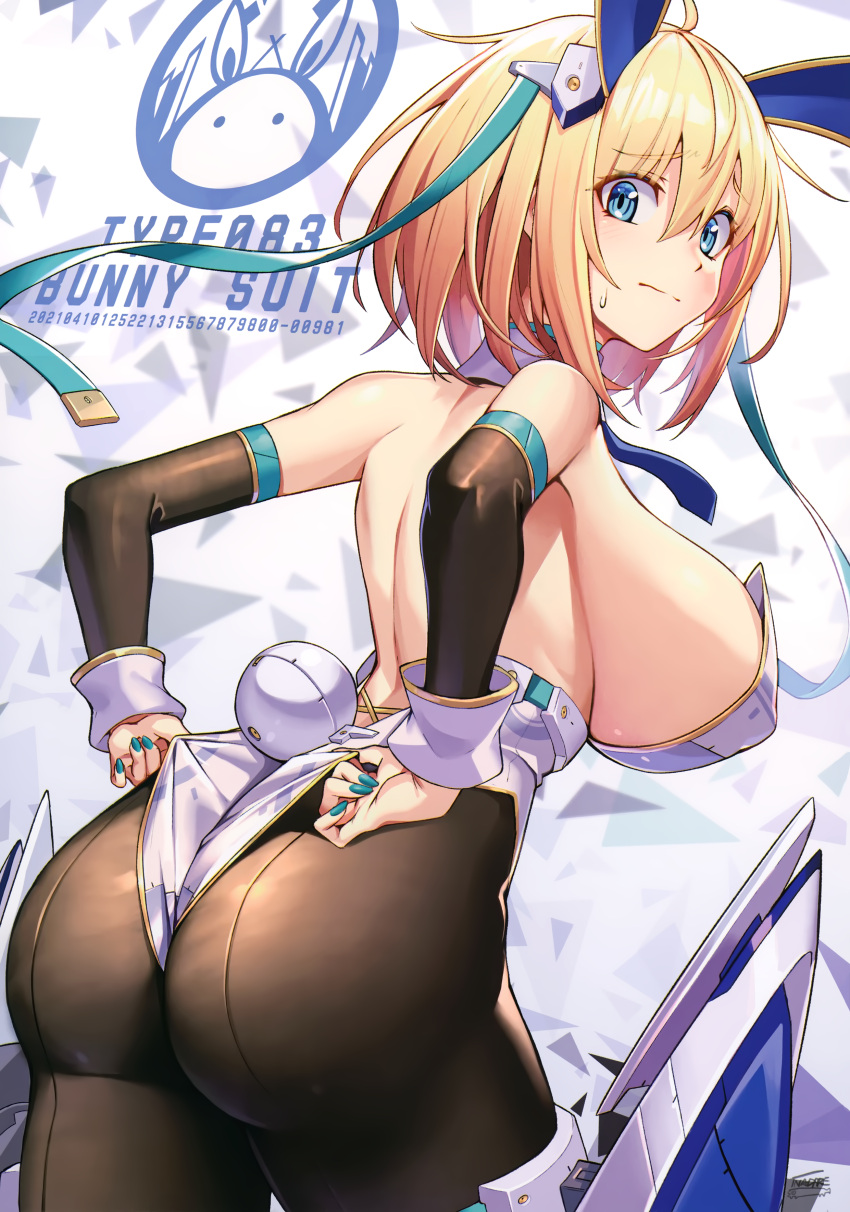 1girl :| absurdres adjusting_clothes adjusting_leotard animal_ears aqua_nails ass bangs blonde_hair blue_eyes breasts closed_mouth elbow_gloves eyebrows_visible_through_hair fake_animal_ears feet_out_of_frame from_behind gloves highres large_breasts leotard logo looking_at_viewer mecha_musume nadare-san_(nadare3nwm) nail_polish original pantyhose playboy_bunny rabbit_ears rabbit_tail short_hair sideboob sleeve_cuffs solo sophia_f_shirring sweatdrop tail
