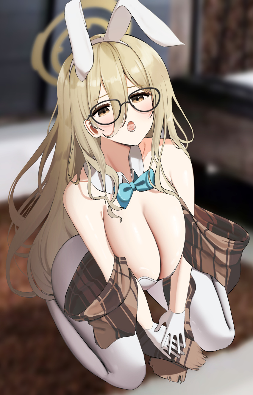 1girl absurdres akane_(blue_archive) animal_ears bangs blue_archive bow bowtie breasts cleavage commentary_request cum cum_in_mouth glasses gloves hair_between_eyes highres huge_breasts nicorima open_mouth pantyhose playboy_bunny rabbit_ears solo white_gloves white_legwear yellow_eyes