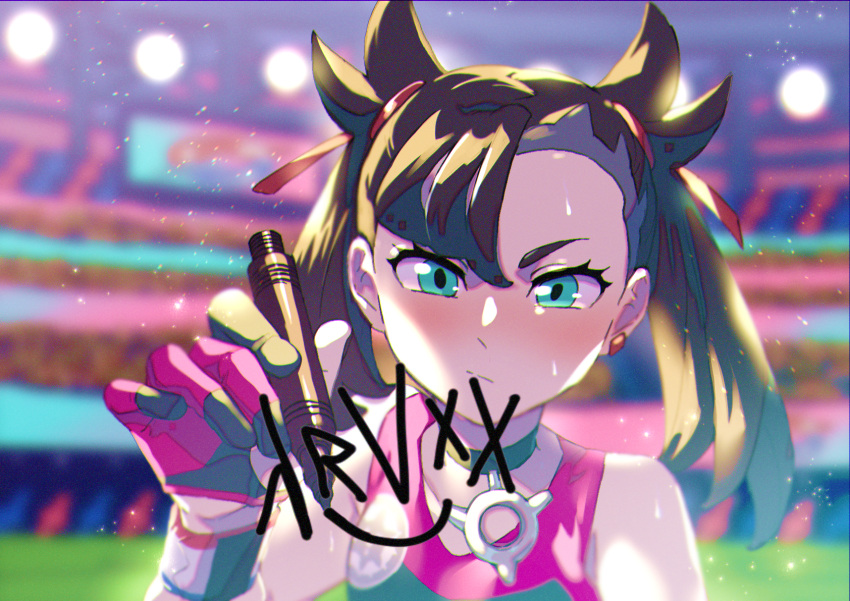 1girl alternate_costume asymmetrical_bangs bangs black_choker black_hair character_signature choker commentary_request earrings gloves green_eyes gym_leader hair_ribbon highres holding holding_marker jewelry komame_(st_beans) lights marker marnie_(pokemon) medium_hair pokemon pokemon_(game) pokemon_swsh ribbon stadium sweatdrop twintails writing