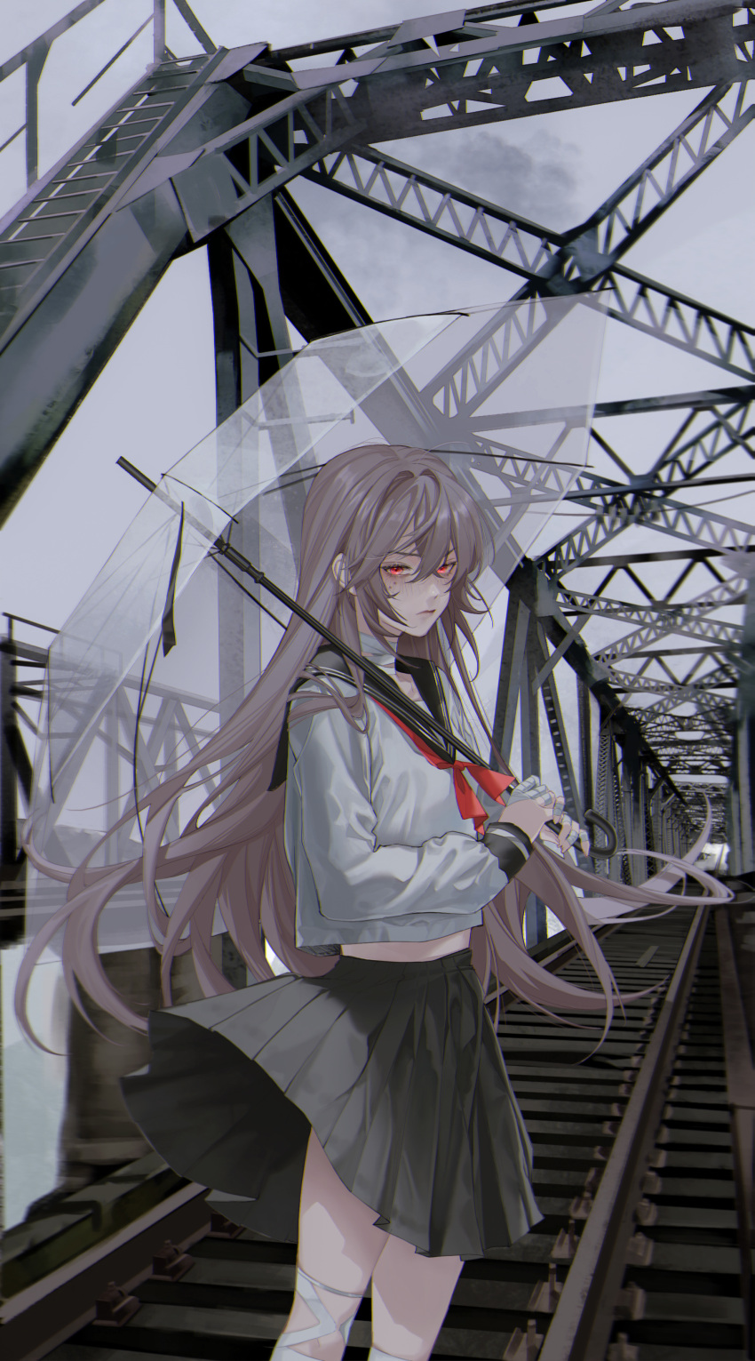 1girl absurdres at_wang bandaged_fingers bandaged_leg bandaged_neck bandages bridge chinese_commentary chromatic_aberration feet_out_of_frame floating_hair highres holding holding_umbrella long_hair long_sleeves mole mole_under_eye neckerchief original overcast pink_hair pleated_skirt railroad_tracks red_eyes red_neckwear sailor_collar school_uniform serafuku skirt solo transparent transparent_umbrella umbrella wind