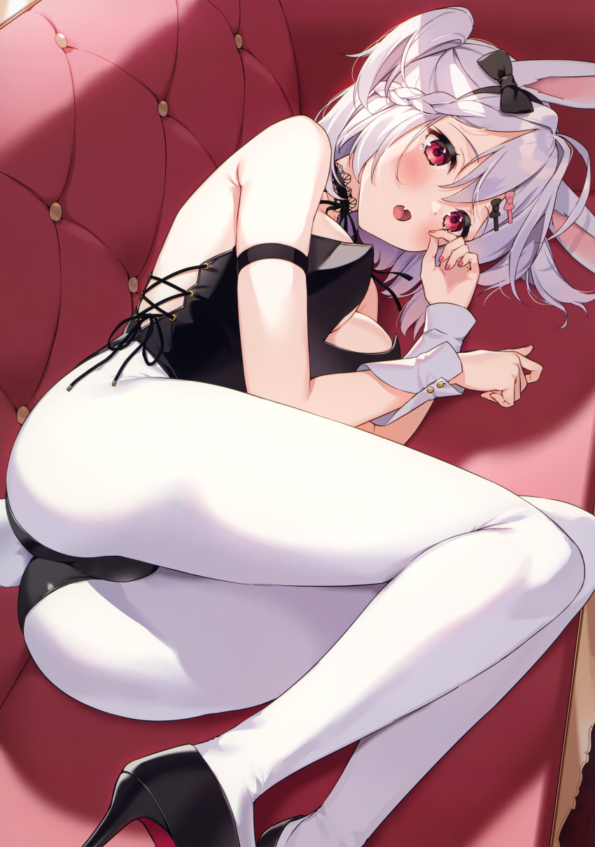 1girl absurdres animal_ears arm_strap armpit_crease ass bare_shoulders black_footwear black_leotard bow braid breasts cleavage couch fang hair_between_eyes hair_bow hair_ornament hairclip high_heels highleg highleg_leotard highres kuroki_(ma-na-tu) leotard looking_at_viewer lying medium_breasts medium_hair on_couch on_side open_mouth original pantyhose playboy_bunny rabbit_ears rabbit_tail red_eyes scan solo strapless strapless_leotard tail two_side_up white_hair white_legwear wrist_cuffs