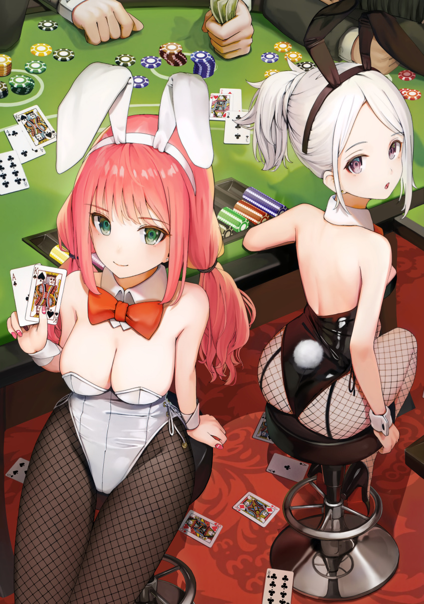 2girls :o absurdres animal_ears ass back backless_leotard bangs bare_arms bare_shoulders black_footwear black_leotard bow bowtie breasts brown_legwear card cleavage detached_collar fake_animal_ears fake_tail fishnet_legwear fishnets from_behind garter_straps green_eyes groin hairband high_heels highres holding large_breasts leotard long_hair looking_at_viewer looking_back low_twintails multiple_girls original pantyhose parted_bangs parted_lips pink_hair playboy_bunny playing_card poker poker_chip poker_table ponytail purple_eyes rabbit_ears rabbit_tail scan sidelocks sitting smile stool strapless strapless_leotard sunga2usagi tail twintails white_hair white_leotard wrist_cuffs