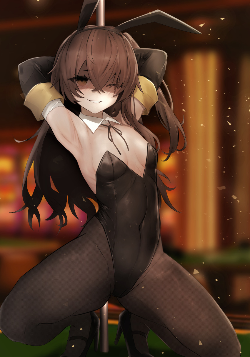 1girl absurdres animal_ears armpits arms_behind_head black_footwear blush breasts elbow_gloves fake_animal_ears girls'_frontline gloves grin high_heels highres huge_filesize navel neck_ribbon one_eye_closed pantyhose playboy_bunny pole pole_dancing rabbit_ears re1kirisaki342 ribbon shaded_face small_breasts smile solo squatting stripper stripper_pole ump45_(girls'_frontline)