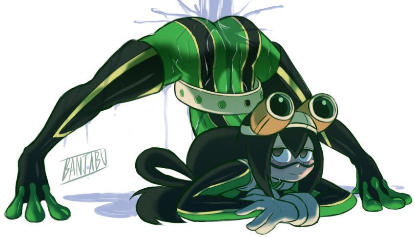 1girl artist_name ass asui_tsuyu bangs banjabu belt bodysuit boku_no_hero_academia bow_by_hair frog_girl gloves goggles goggles_on_head green_bodysuit green_eyes green_hair hair_between_eyes hair_rings jack-o'_challenge long_hair looking_at_viewer low-tied_long_hair pose pouring simple_background smile solo spread_legs superhero very_long_hair water wet white_background