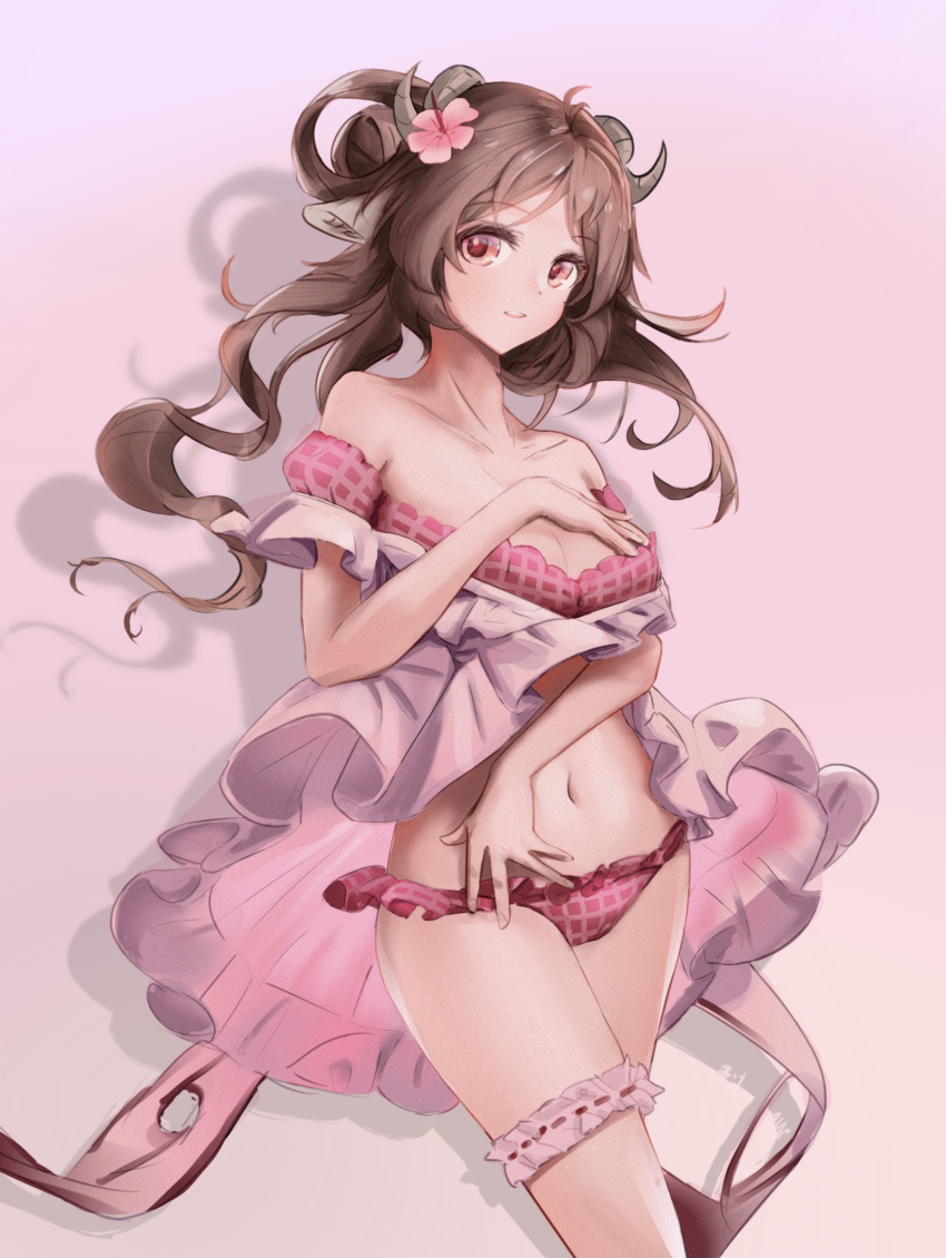 alac_(408005134) animal_ears arknights bikini brown_hair collarbone commentary_request cowboy_shot eyjafjalla_(arknights) eyjafjalla_(summer_flowers)_(arknights) flower gradient gradient_background hair_flower hair_ornament highres horns long_hair looking_at_viewer navel off-shoulder_bikini off_shoulder official_alternate_costume pink_background pink_bikini pink_eyes pink_flower sarong sheep_ears sheep_girl sheep_horns smile stomach swimsuit thigh_strap white_sarong