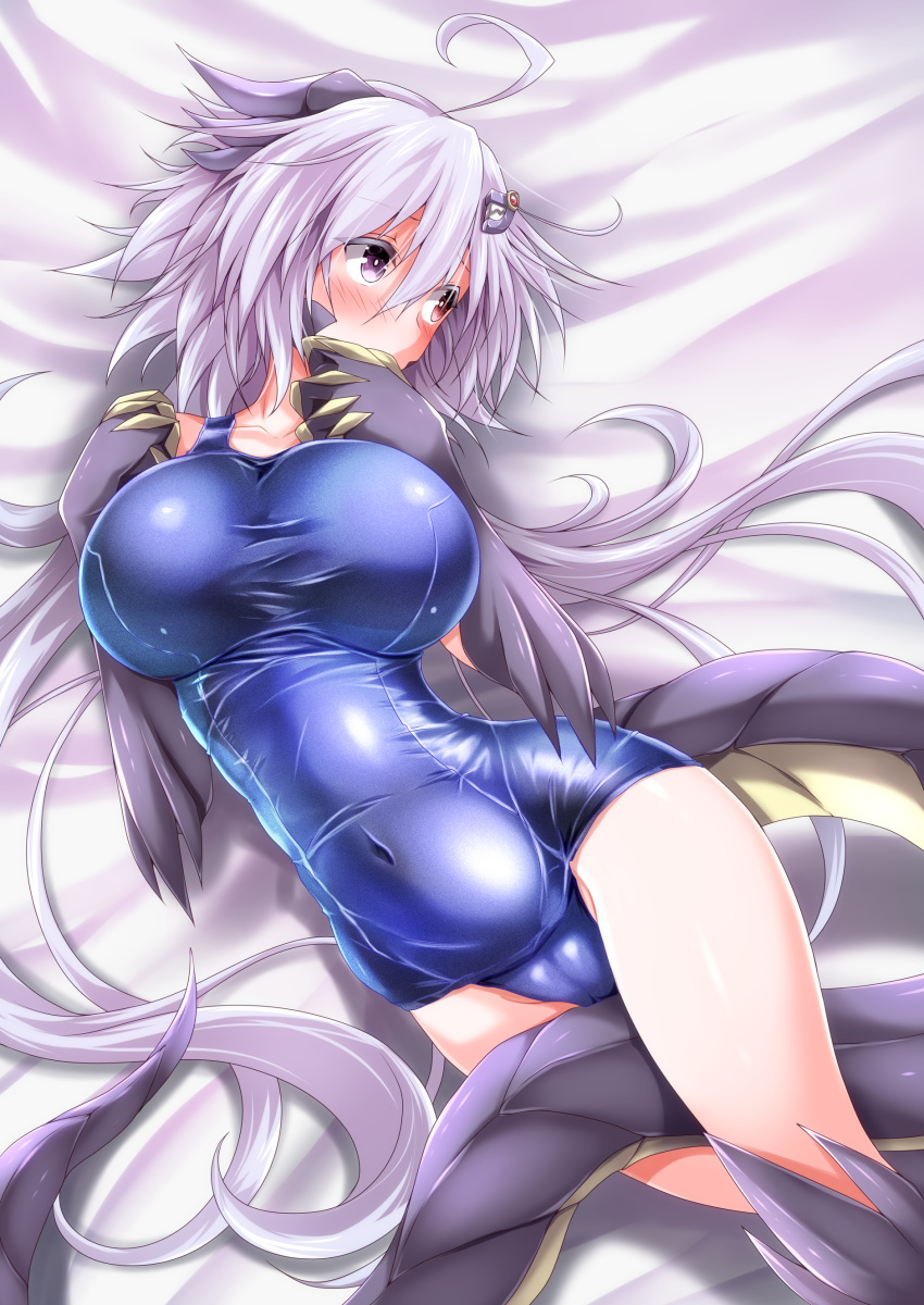 1girl absurdres ahoge bangs bed_sheet between_legs blush breasts claws dragon_girl dragon_horns dragon_tail feet_out_of_frame g_(genesis1556) hair_between_eyes hair_ornament heterochromia highres horns lala_(g_(genesis1556)) large_breasts long_hair looking_to_the_side lying monster_girl navel on_back on_bed one-piece_swimsuit original purple_eyes purple_hair red_eyes solo swimsuit tail tail_between_legs