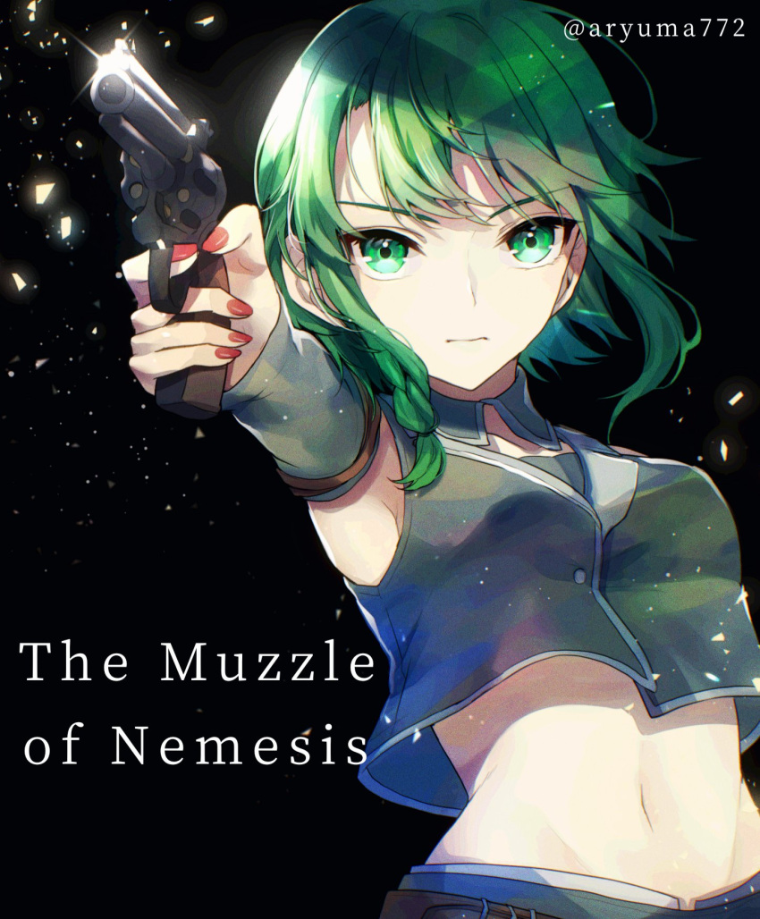 1girl aiming_at_viewer armpits aryuma772 asymmetrical_hair black_background braid crop_top detached_collar detached_sleeves evillious_nendaiki green_eyes green_hair gumi gun highres light_particles midriff navel nemesis_no_juukou_(vocaloid) nemesis_sudou pointing_weapon red_nails revolver short_hair_with_long_locks sleeveless sleeveless_jacket solo song_name twitter_username vocaloid wavy_hair weapon