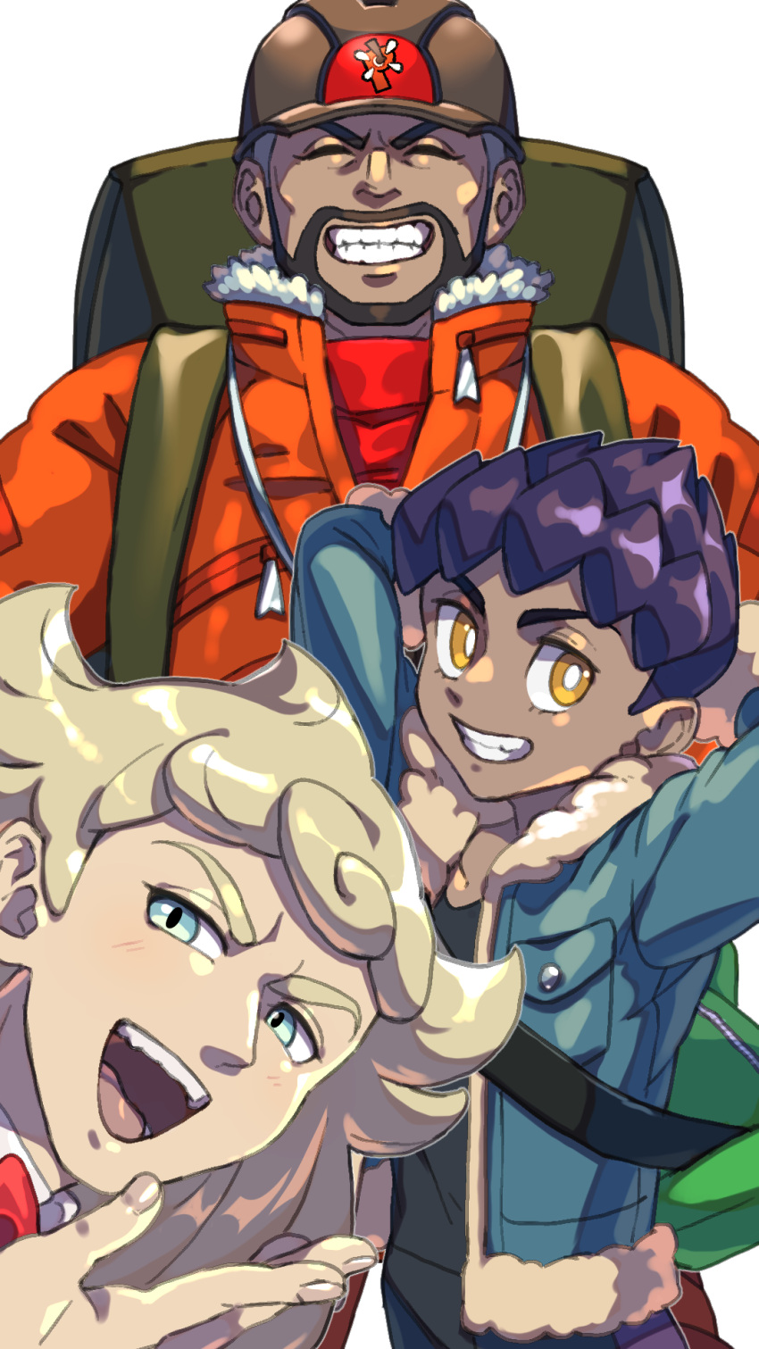 3boys :d arms_behind_head backpack bag bangs black_shirt blonde_hair blue_jacket blush bright_pupils closed_eyes commentary_request dark-skinned_male dark_skin expedition_uniform facial_hair fur-trimmed_jacket fur_trim green_bag grin helmet highres hop_(pokemon) jacket komame_(st_beans) male_focus multiple_boys open_clothes open_jacket open_mouth orange_jacket peony_(pokemon) pokemon pokemon_(game) pokemon_swsh purple_hair shielbert_(pokemon) shiny shiny_hair shirt short_hair smile teeth tongue white_pupils