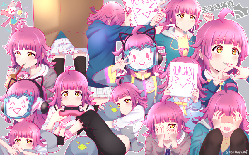 1girl absurdres ahoge aqua_hoodie bangs birthday black_legwear black_pants blue_hoodie blunt_bangs blush box cardboard_box cat cat_ear_headphones character_name clenched_hands closed_mouth commentary controller covering_face cup doll_hug drawing drinking drinking_straw english_commentary eyebrows_visible_through_hair eyes_in_shadow fishnets frilled_sleeves frills game_controller giving hands_up headphones high_collar highres holding holding_controller holding_cup holding_game_controller holding_sketchbook hood hood_down hoodie horizontal_stripes in_box in_container jacket long_sleeves looking_at_viewer love_live! love_live!_nijigasaki_high_school_idol_club lying mask milk_tea multiple_views neck_ribbon object_hug on_stomach one_eye_closed open_mouth outstretched_arm pants pink_hair playing_games pleated_skirt ribbon shaded_face short_socks sidelocks ska.harumi sketchbook skirt striped stuffed_toy tennouji_rina thighhighs triangle twitter_username wide_sleeves yellow_eyes yellow_ribbon