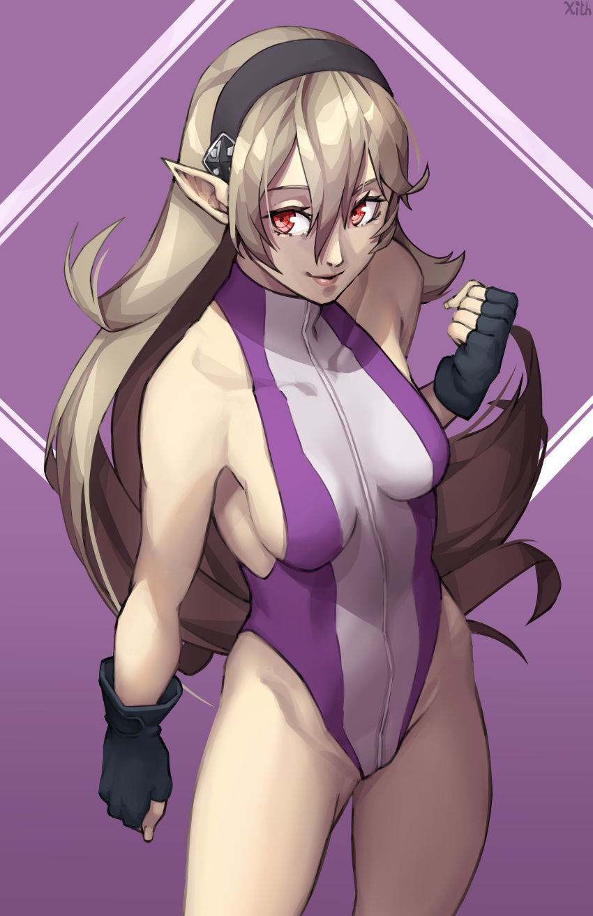 1girl absurdres alternate_costume armpits artist_name bangs bare_shoulders black_gloves black_headband breasts commentary commission corrin_(fire_emblem) corrin_(fire_emblem)_(female) cosplay english_commentary fingerless_gloves fingernails fire_emblem fire_emblem_fates gloves grey_hair hair_between_eyes hair_ornament headband highleg highleg_leotard highres leotard lips long_hair looking_at_viewer manakete marvel medium_breasts pink_lips pointy_ears purple_leotard red_eyes she-hulk she-hulk_(cosplay) sideboob signature sleeveless solo turtleneck two-tone_leotard white_leotard x_xith_x