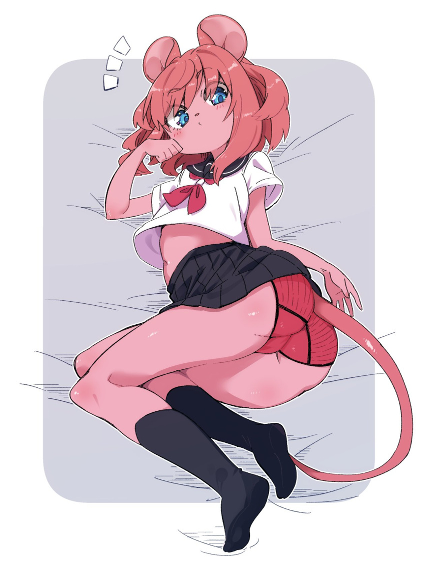 1girl animal_ears ass black_legwear black_skirt blue_eyes clothes_lift feet full_body furry hand_to_own_mouth highres kneehighs legs lying mouse_ears mouse_girl mouse_girl_(yuuki_(yuyuki000)) mouse_tail navel no_shoes on_side original panties pink_hair pink_panties school_uniform serafuku shirt short_hair short_sleeves skirt skirt_lift soles solo tail thighs trefoil underwear white_shirt yuuki_(yuyuki000)