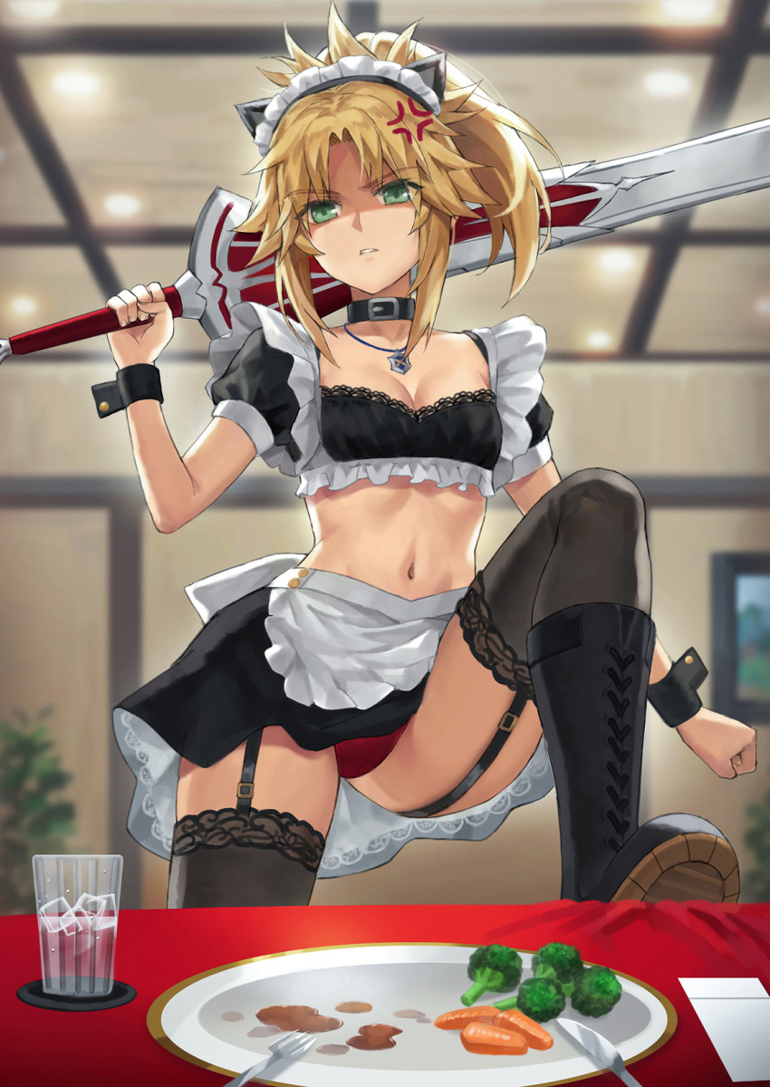 1girl alternate_costume anger_vein animal_ears bangs blonde_hair braid breasts cat_ears clarent_(fate) cleavage collar crop_top cup enmaided fake_animal_ears fate/apocrypha fate_(series) food french_braid frills green_eyes hair_ornament hair_scrunchie highres jewelry long_hair looking_at_viewer maid maid_headdress mordred_(fate) mordred_(fate/apocrypha) necklace panties parted_bangs plate ponytail puffy_short_sleeves puffy_sleeves red_panties revision scrunchie shaded_face short_sleeves sidelocks small_breasts solo sword table tonee underwear weapon