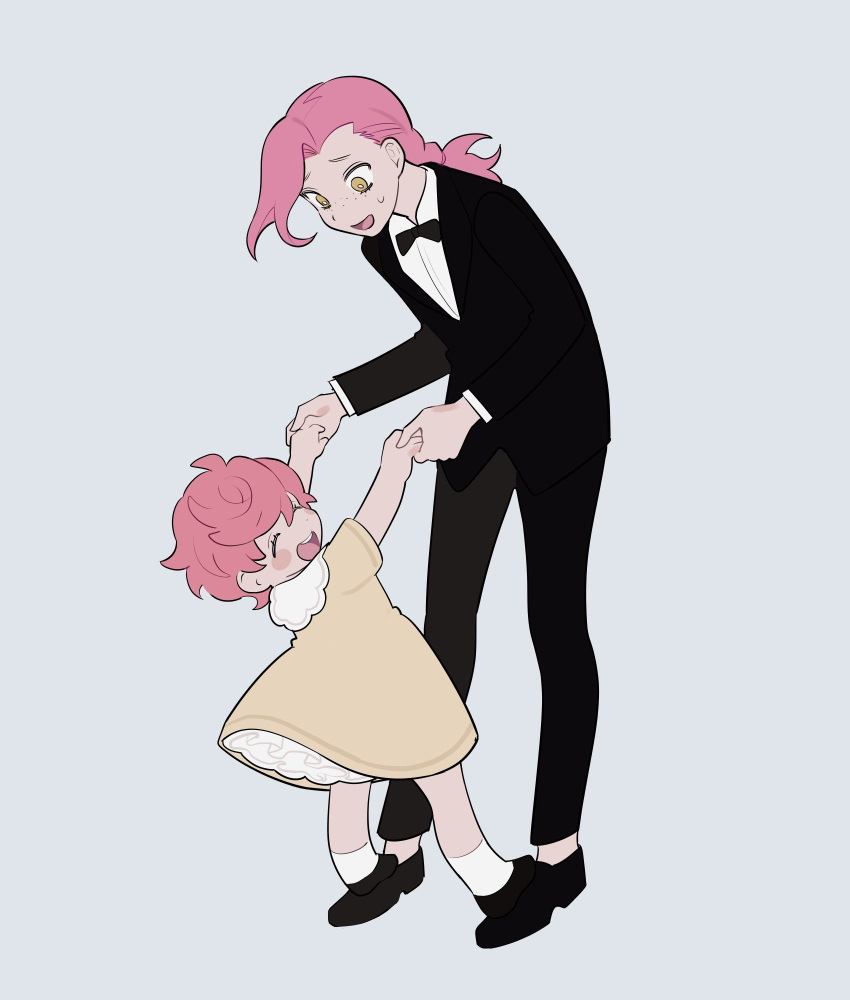 1boy 1girl ^_^ black_neckwear blush_stickers bow bowtie braid closed_eyes dancing dress formal freckles grey_background highres holding_hands jojo_no_kimyou_na_bouken looking_at_another medium_hair meo7 pink_hair short_hair simple_background single_braid smile socks standing_on_another's_feet toddler trish_una tuxedo vento_aureo vinegar_doppio white_footwear yellow_dress yellow_eyes younger