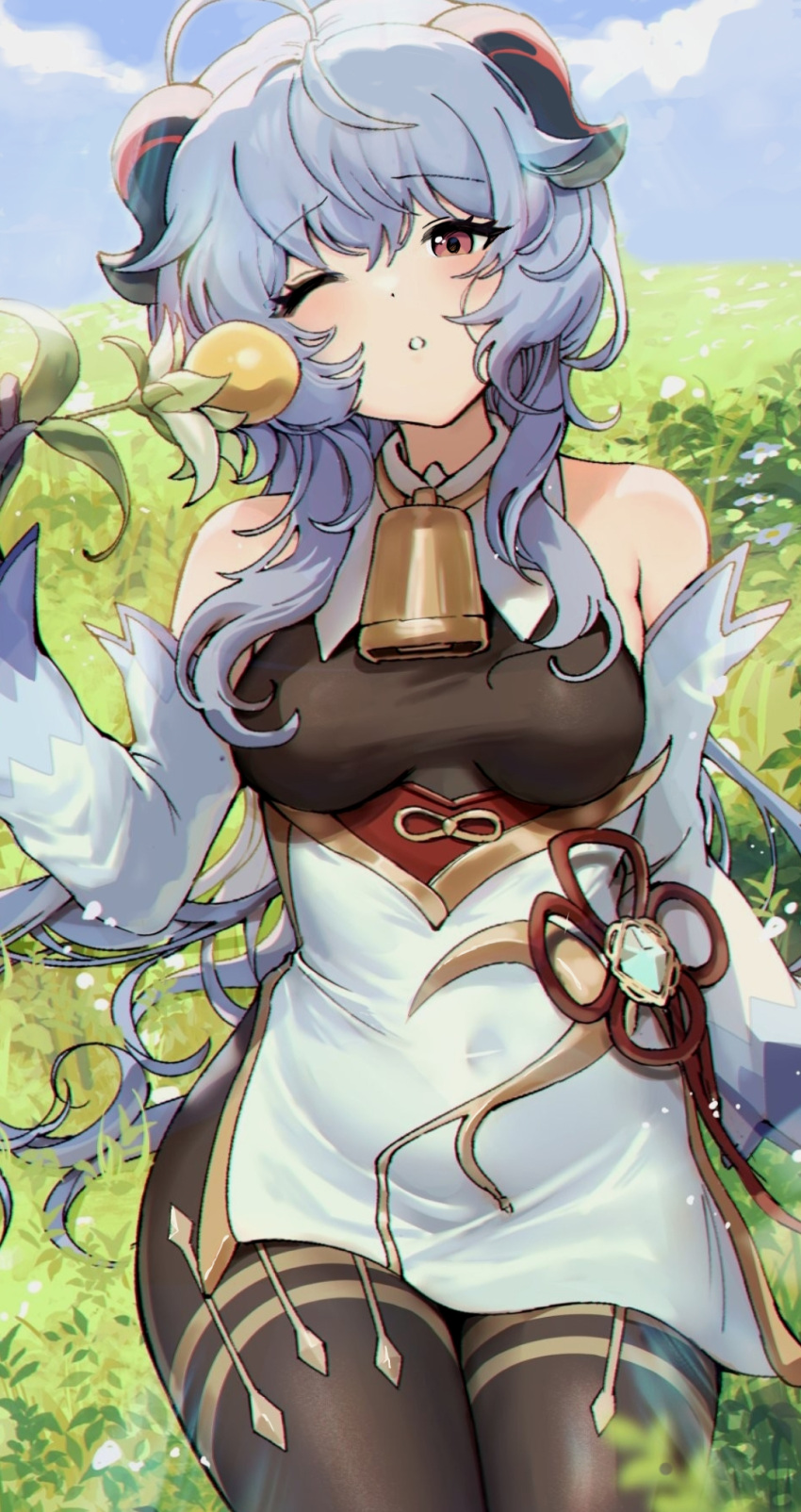 1girl ahoge bangs bare_shoulders bell black_legwear blue_hair blush breasts chinese_knot detached_sleeves eyebrows_visible_through_hair flower flower_knot ganyu_(genshin_impact) genshin_impact gold_trim grass highres holding holding_flower horns long_hair looking_at_viewer medium_breasts neck_bell oh_(aung_ae) one_eye_closed open_mouth outdoors purple_eyes sidelocks sitting solo sweet_flower thighlet vision_(genshin_impact) white_sleeves