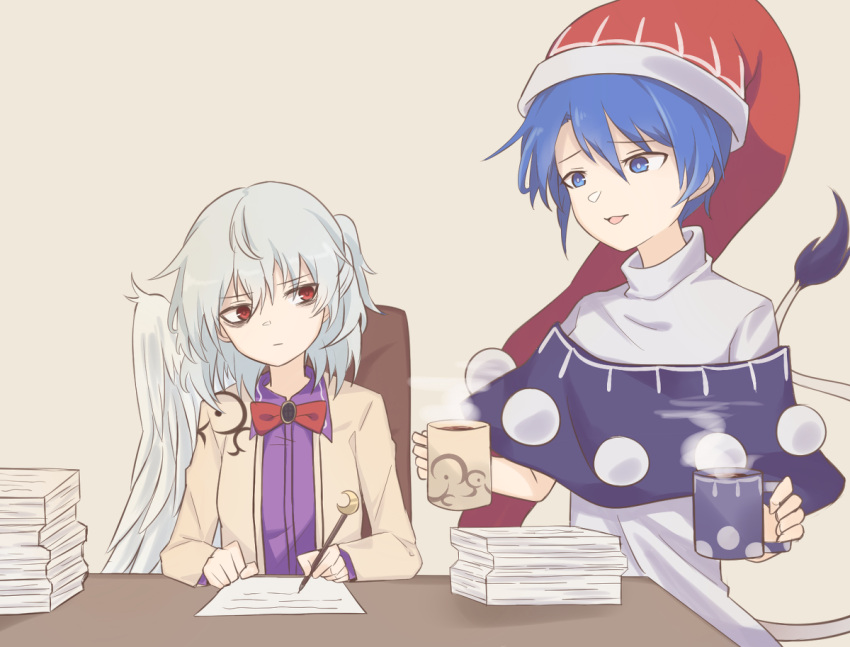 2girls bags_under_eyes bangs beige_jacket black_dress blue_eyes blue_hair bow bowtie braid bright_pupils chair coffee_mug cup doremy_sweet dress french_braid hair_between_eyes idaku kishin_sagume long_sleeves mug multiple_girls paper_stack pen pom_pom_(clothes) purple_dress red_eyes red_headwear red_neckwear short_hair silver_hair single_wing steam table tail tapir_tail touhou white_dress wings