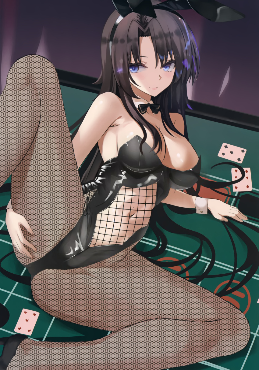 1girl absurdres animal_ears bangs bare_arms bare_shoulders black_footwear black_hair black_headband black_neckwear blue_eyes blush bow bowtie breasts cleavage detached_collar fishnet_legwear fishnets foot_out_of_frame hand_on_own_thigh headband high_heels highres kesoshirou large_breasts leotard long_hair looking_at_viewer lying navel on_side original pantyhose parted_bangs playboy_bunny poker_table rabbit_ears scan sleeveless smile solo spread_legs wrist_cuffs