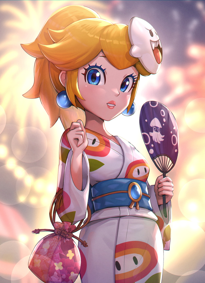 1girl absurdres blonde_hair blue_eyes cowboy_shot fireworks gonzarez hand_fan highres japanese_clothes kimono mario_(series) mask mask_on_head obi paper_fan parted_lips ponytail pouch princess_peach sash solo super_mario_odyssey