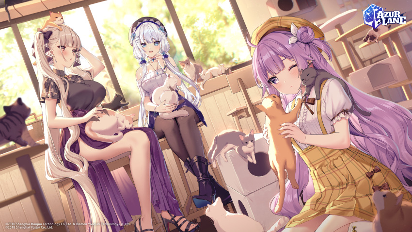 3girls ;&lt; alternate_costume animal azur_lane bare_shoulders beret black_cat black_shirt blue_eyes blue_skirt boots bow breasts brown_headwear brown_legwear brown_skirt cat choker closed_mouth day dutch_angle formidable_(azur_lane) hair_bow hand_up hat high_heels highres illustrious_(azur_lane) indoors jewelry large_breasts long_hair long_skirt low_twintails miniskirt multiple_girls necklace off-shoulder_shirt off_shoulder official_art one_eye_closed pantyhose plaid plaid_skirt purple_eyes purple_hair purple_skirt ribbed_shirt rosuuri shirt short_sleeves side_slit silver_hair sitting skirt thighs twintails unicorn_(azur_lane) very_long_hair white_hair white_shirt