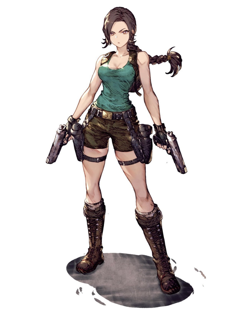 1girl backpack bag belt braid braided_ponytail breasts brown_footwear brown_hair cleavage dual_wielding final_fantasy final_fantasy_brave_exvius full_body gun handgun highres holding holster lara_croft looking_at_viewer official_art ryuji_ohara short_shorts shorts simple_background solo standing tank_top thigh_strap third-party_source tomb_raider war_of_the_visions:_final_fantasy_brave_exvius weapon