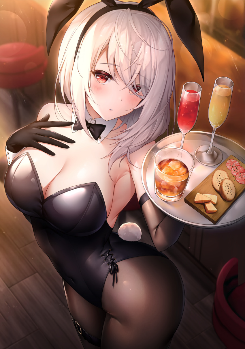 1girl absurdres alcohol animal_ears bare_shoulders black_leotard black_neckwear bow bowtie breasts champagne_flute cleavage cowboy_shot cup detached_collar drinking_glass fake_animal_ears gloves hand_on_own_chest highres leotard looking_at_viewer medium_breasts original oyuwari pantyhose playboy_bunny rabbit_ears rabbit_tail red_eyes scan short_hair silver_hair solo strapless strapless_leotard tail tray whiskey wrist_cuffs