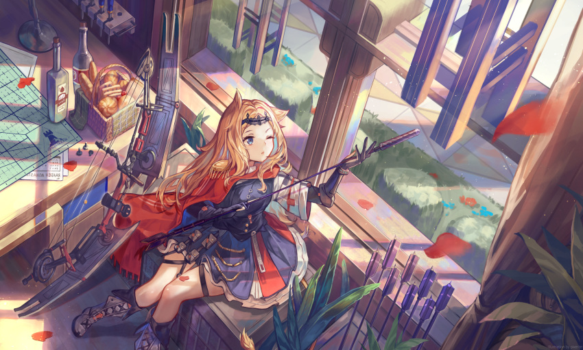 1girl alcohol archetto_(arknights) arknights arrow_(projectile) basket blue_dress blue_eyes boots bottle bow_(weapon) bread cape commentary compound_bow dress dutch_angle epaulettes food from_above full_body grey_footwear hedge_(plant) highres holding holding_arrow indoors long_hair one_eye_closed orange_hair pixerite plant red_cape rhodes_island_logo sitting solo thigh_strap tiara weapon window