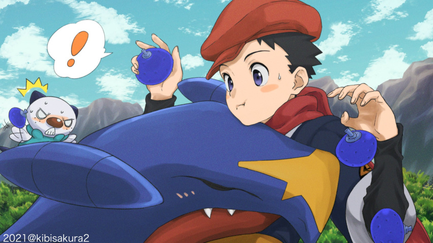 1boy ^^^ berry_(pokemon) black_hair black_undershirt blush blush_stickers clenched_teeth closed_mouth cloud commentary dated day garchomp gen_4_pokemon gen_5_pokemon grey_eyes hands_up hat highres holding jacket kibisakura2 male_focus mountain oran_berry oshawott outdoors pokemon pokemon_(creature) pokemon_(game) pokemon_legends:_arceus red_headwear red_scarf rei_(pokemon) scarf short_hair sky spiked_hair sweat teeth twitter_username undershirt