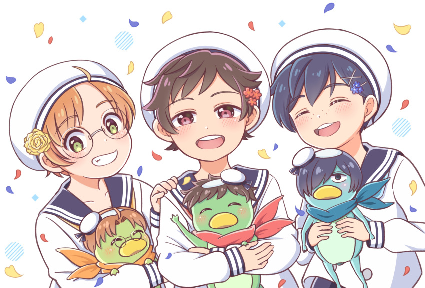 3boys :d animal bangs blue_scarf blush brown_hair closed_eyes confetti crossed_arms facing_viewer flower freckles green_eyes hair_flower hair_ornament hand_on_another's_shoulder hat highres holding holding_animal jinnai_enta kappa kuji_toi looking_at_viewer male_focus mesyoko multiple_boys open_mouth orange_scarf parted_bangs red_scarf sailor_hat sarazanmai scarf school_uniform serafuku shirt short_hair simple_background smile upper_body white_background white_shirt yasaka_kazuki