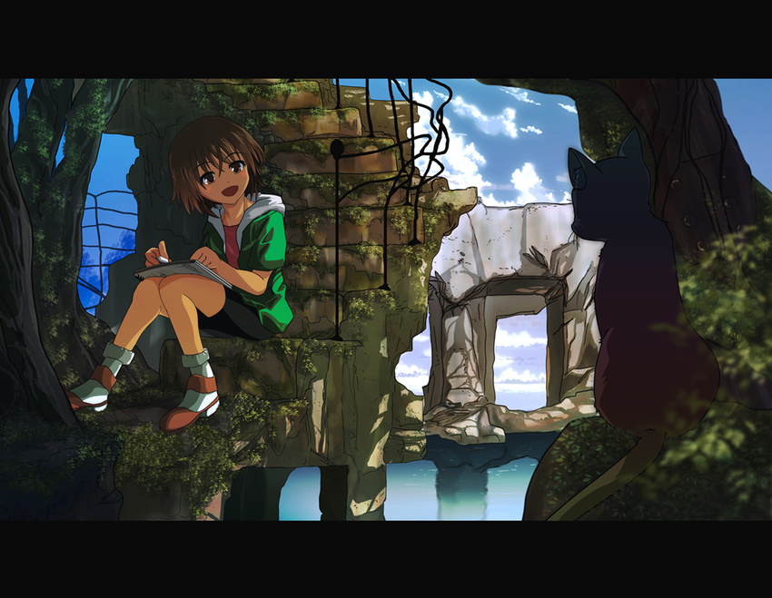amazu_yoriiti bike_shorts brown_eyes brown_hair cat drawing jacket letterboxed open_mouth original ruins short_hair sitting sitting_on_stairs sketchbook solo stairs