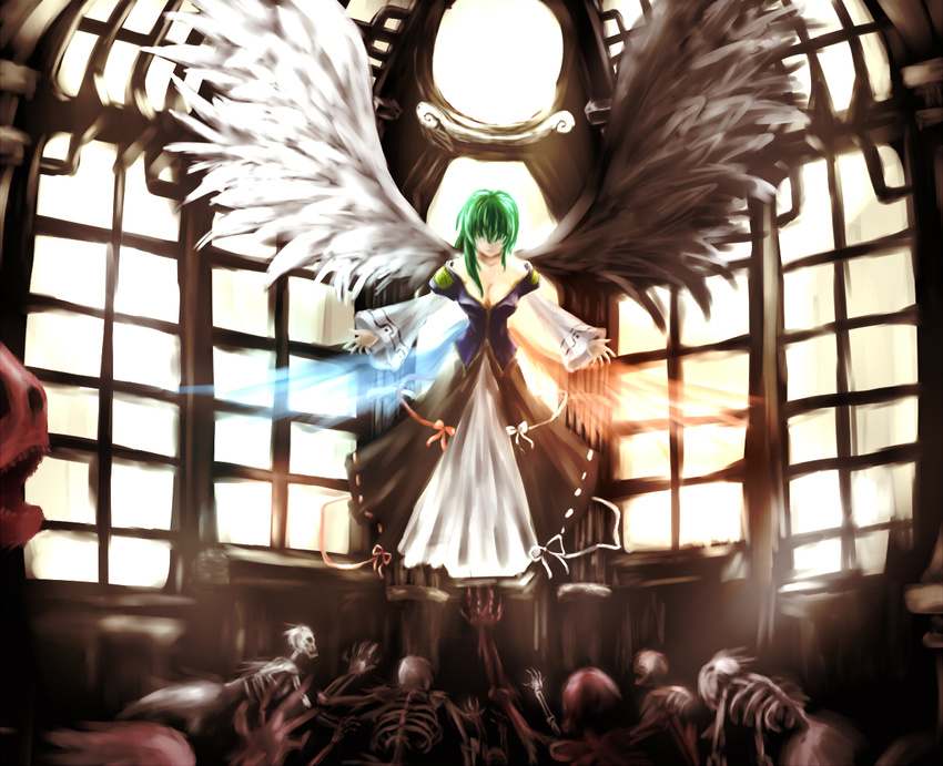 bare_shoulders black_wings chaigidhiell green_hair hair_over_eyes long_hair shiki_eiki short_hair skeleton solo standing touhou white_wings wings