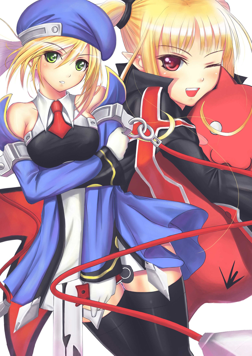 absurdres bad_id bad_pixiv_id beret blazblue blonde_hair blush bolverk detached_sleeves green_eyes gun handgun hat highres long_hair multiple_girls necktie noel_vermillion one_eye_closed open_mouth pointy_ears rachel_alucard red_eyes short_hair smile sola_(sola04) thighhighs weapon