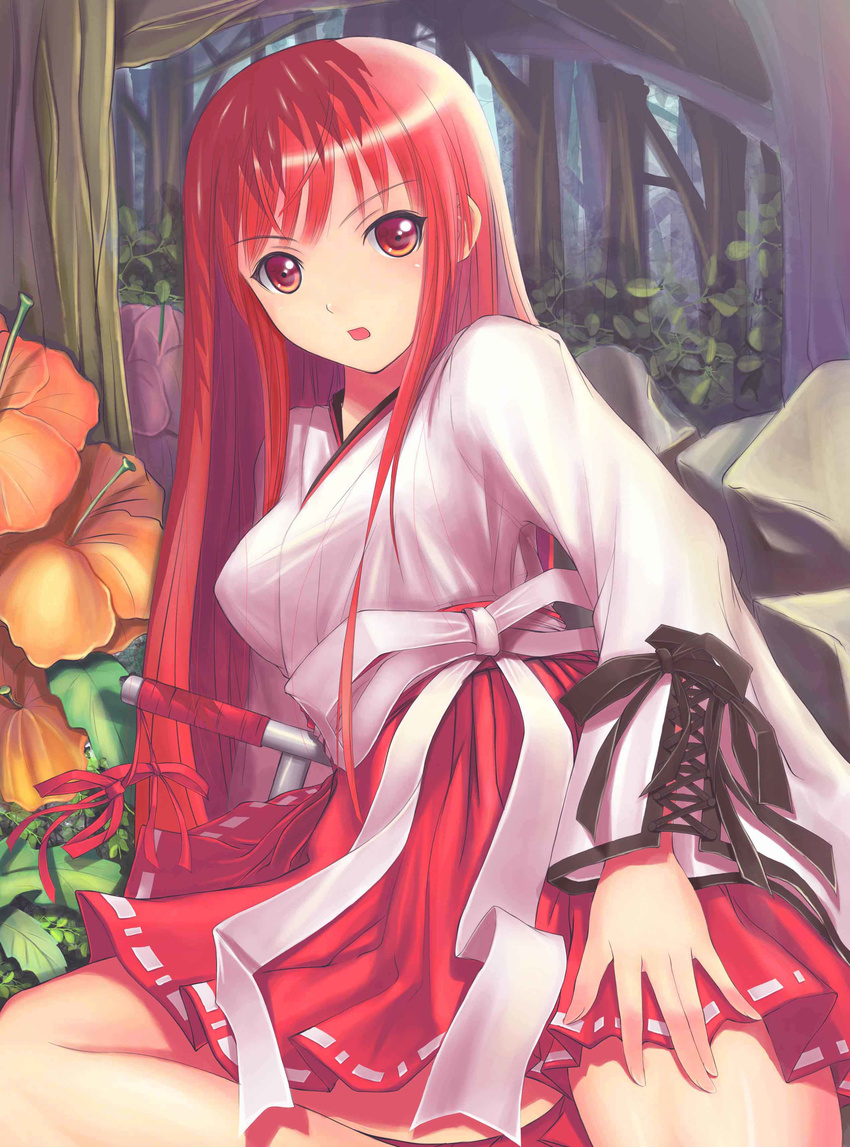 absurdres bad_id bad_pixiv_id bangs blush eyebrows_visible_through_hair flower forest highres long_hair long_sleeves looking_at_viewer nature open_mouth original outdoors red_eyes red_hair sola_(sola04) solo weapon