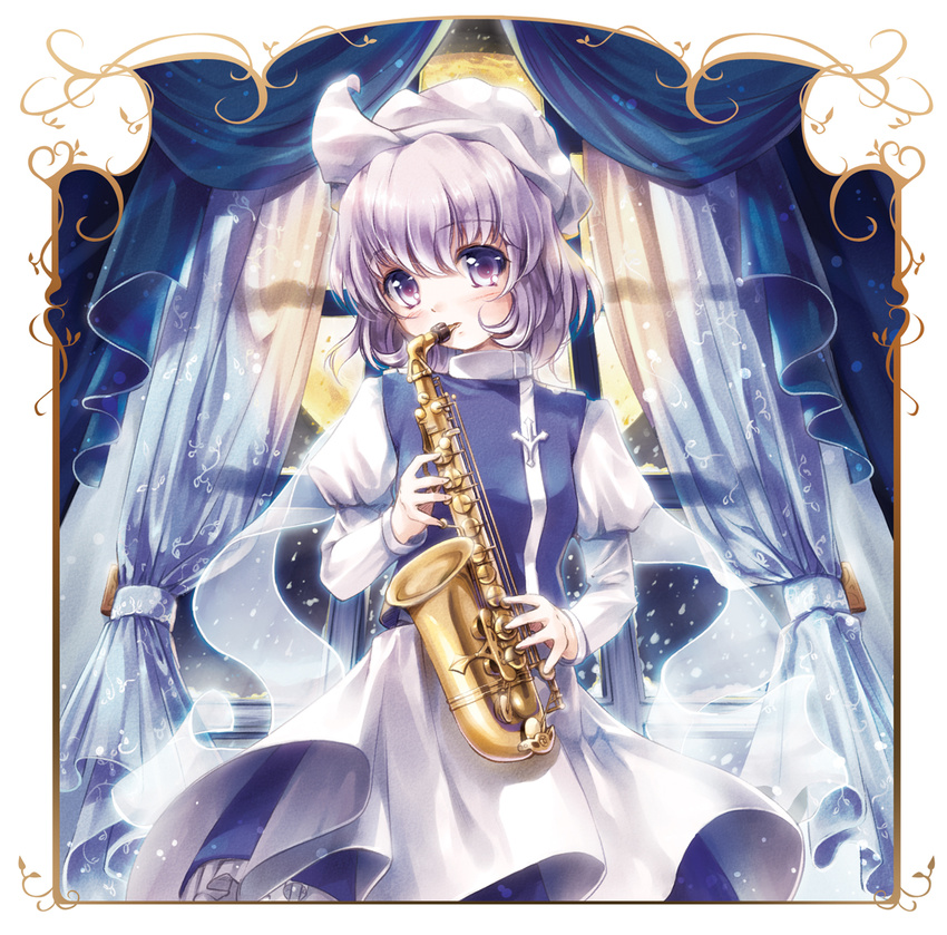 commentary_request curtains full_moon hat highres instrument lavender_hair letty_whiterock miyase_mahiro moon purple_eyes saxophone short_hair solo touhou window