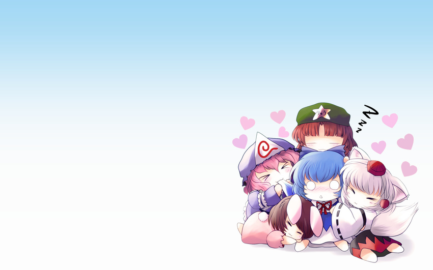 :3 chibi cirno hat hong_meiling inaba_tewi inubashiri_momiji saigyouji_yuyuko sleeping touhou yume_shokunin