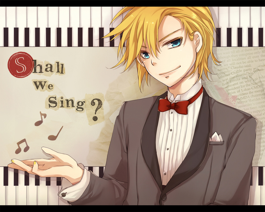 blonde_hair blue_eyes book bow english handkerchief kagamine_len mukkun musical_note nail_polish piano_keys smile suit vocaloid