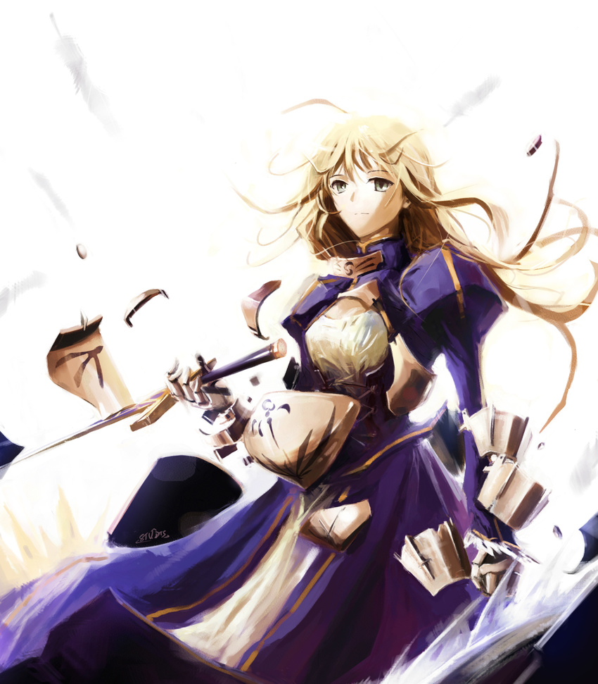 absurdres armor armored_dress artoria_pendragon_(all) blonde_hair breastplate broken_armor dress excalibur fate/stay_night fate_(series) highres long_hair saber solo stu_dts sword vambraces weapon