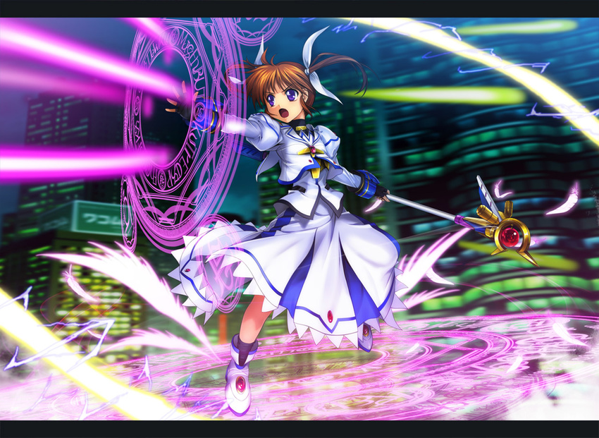 brown_hair energy_beam hair_ribbon lyrical_nanoha magic_circle mahou_shoujo_lyrical_nanoha mahou_shoujo_lyrical_nanoha_the_movie_1st mutsuki_(moonknives) open_mouth purple_eyes raising_heart ribbon solo takamachi_nanoha twintails wings