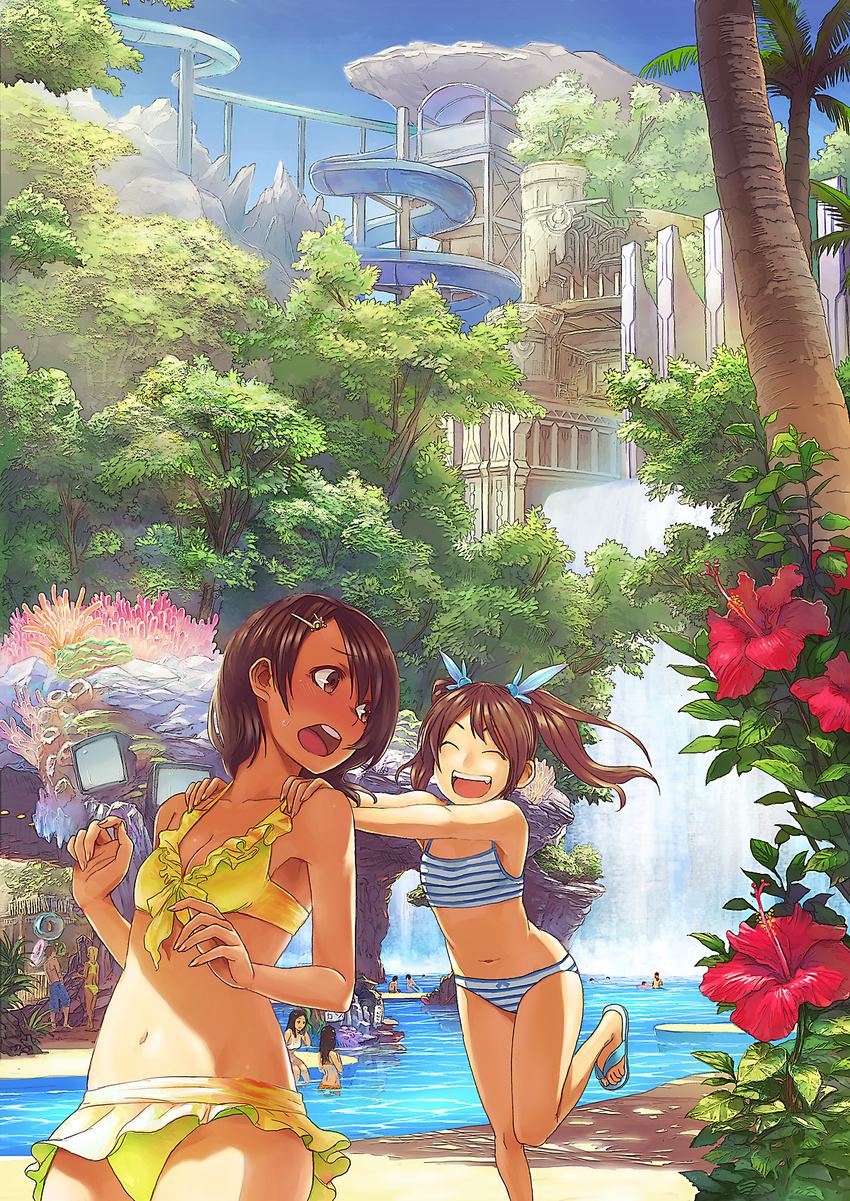 :d ^_^ bikini blue_sky brown_eyes brown_hair closed_eyes day fang flip-flops flower frilled_bikini frills guchico hair_ornament hairclip hands hands_on_shoulders hibiscus highres leg_up long_hair looking_at_another looking_back multiple_girls muted_color navel open_mouth original pool pushing sandals scenery short_hair sky smile striped striped_bikini sweatdrop swimsuit tankini tree twintails upper_teeth water water_slide yellow_bikini