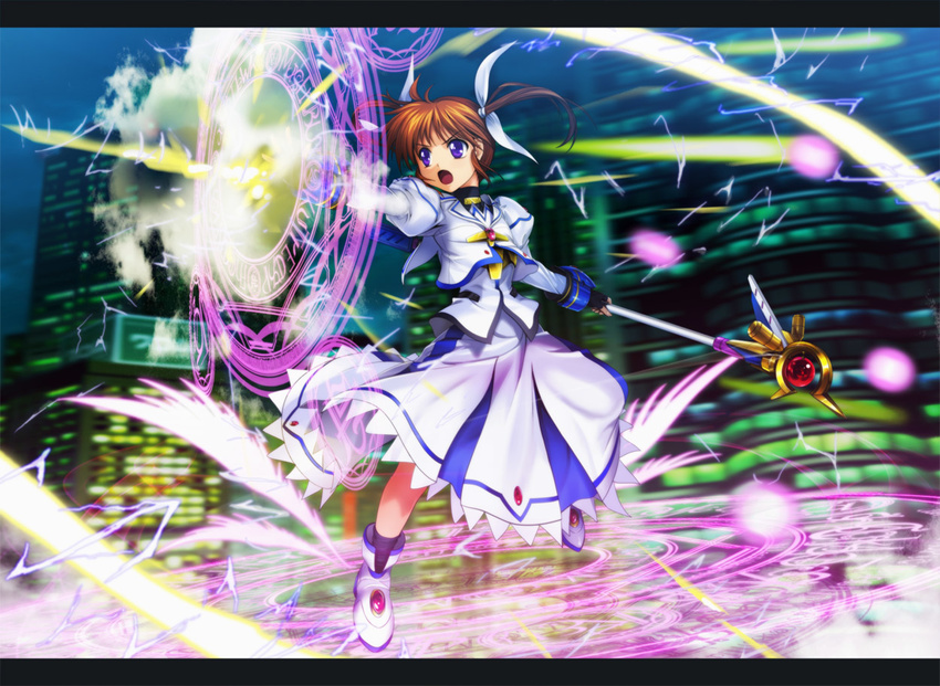 brown_hair electricity hair_ribbon lyrical_nanoha magic_circle mahou_shoujo_lyrical_nanoha mahou_shoujo_lyrical_nanoha_the_movie_1st mutsuki_(moonknives) open_mouth purple_eyes raising_heart ribbon solo takamachi_nanoha twintails